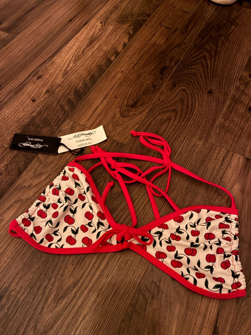 Ed Hardy Cherry Print Red Trim Triangle Bikini Top
